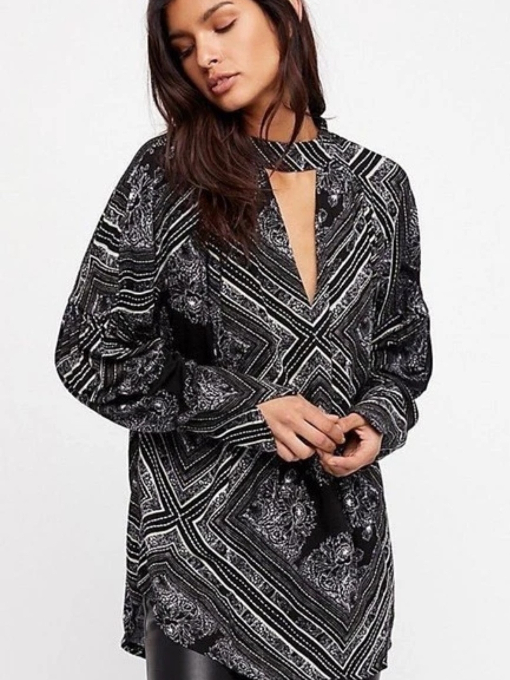 NWT Free People Walking On A Dream Tunic Geometric Print Cut Out Womens XS